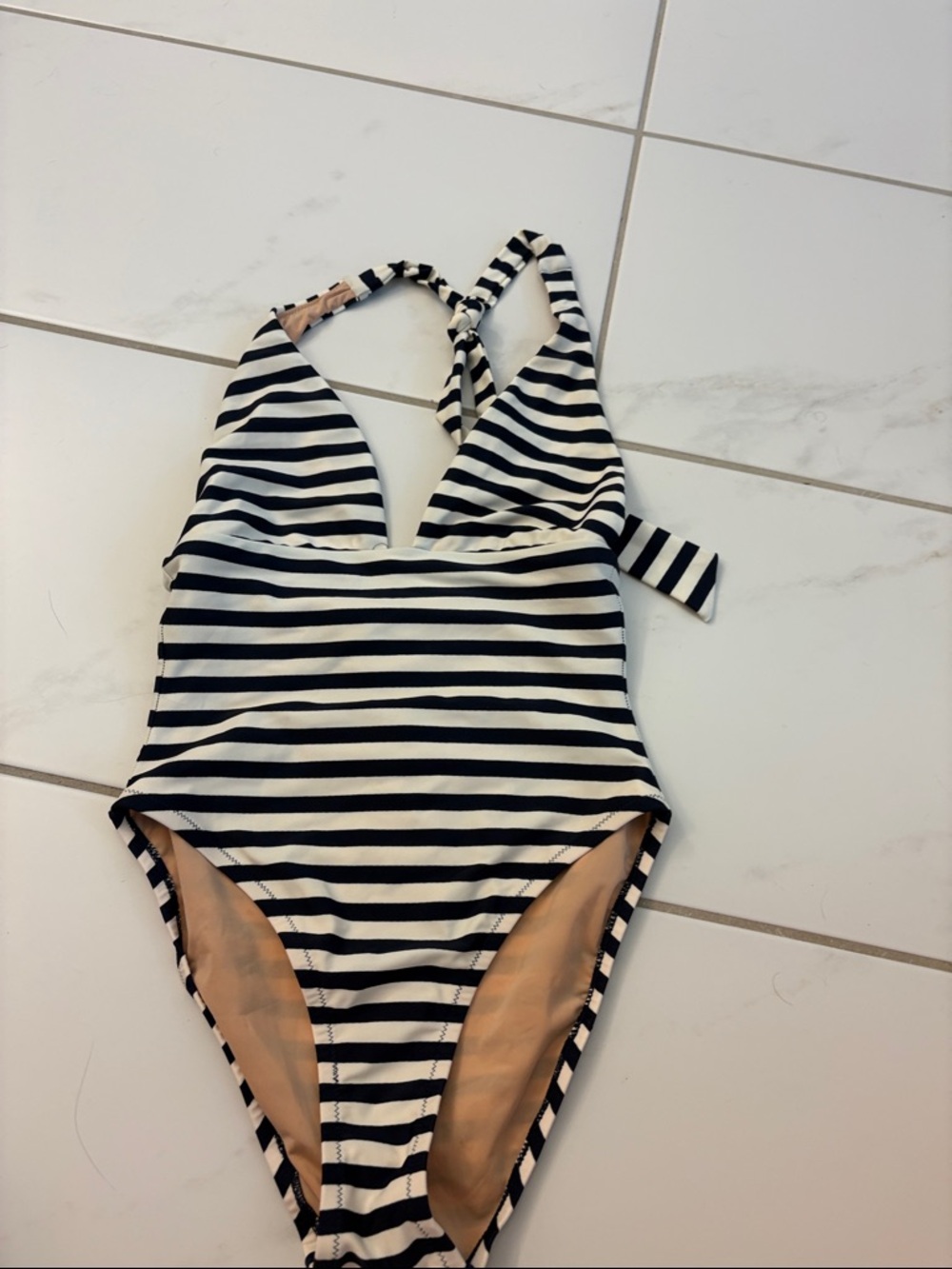 J. Crew Black and White Striped Halter One-Piece Swimsuit